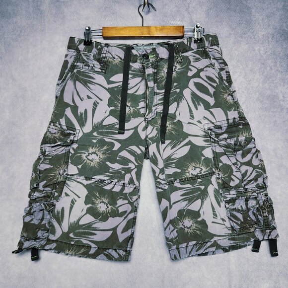 VTG Old Navy Shorts Mens 32 Purple Black Floral Camo Cargo Pockets Drawstring - Picture 1 of 16